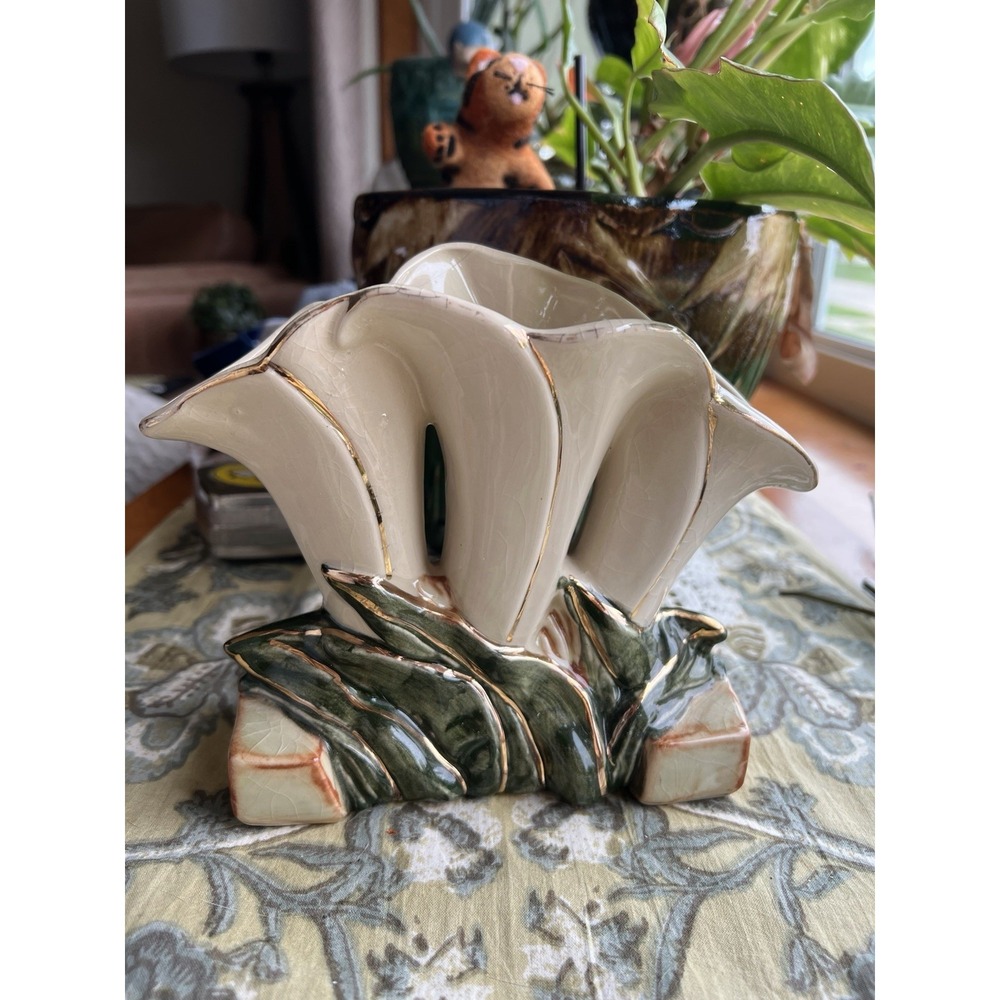 Vintage McCoy USA Triple Calla Lily Vase Planter Pottery Ivory Green Gold 1950s